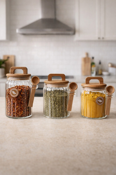 Kitchen Way Acacia Jar Set with Spoon and Gasket Lid Seasoning Container Kw-1...