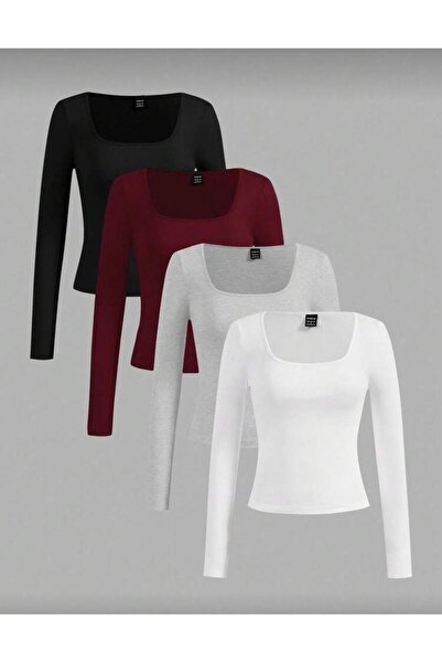 MİLYA&GYM Kadın 4'lü Paket Kaşkorke Fitilli Pamuklu Kare Yaka Uzun Kollu Vücu...