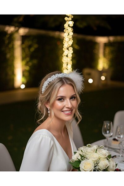 beePoint Pearl Detailed White Feather Bridal & Engagement Crown