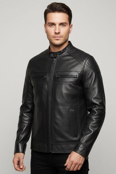Deriderim Black Rider Mock Neck Men's Genuine Leather Jacket
