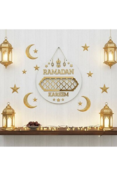 Elfora Ramadan Kareem Ahşap Duvar Ve Kapı Süsü | Altın Detaylı Ramazan Dekoru...