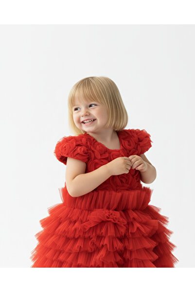 BUTİKHAPPYKİDS Baby Girl Rose Detailed Layered Tulle Evening Dress Red 9-36 M...