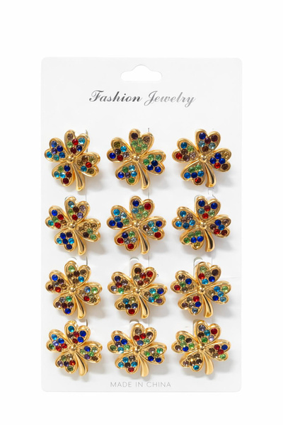 OEM Set de 12 broșe mărțișor trifoi auriu cu pietre colorate 15x9cm