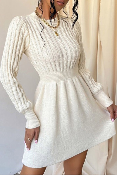 KaSheHa Ekru Belden Lastikli Uzun Kollu Mini Triko Elbise