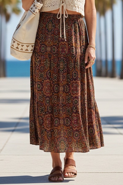 Chiccy Brick Color Ethnic Patterned All-Over Printed Elastic Waist Casual Loo...