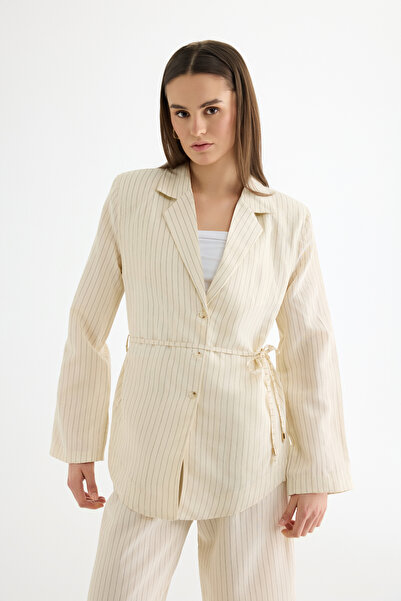 Quzu Striped Lace-Up Shirt Jacket Ecru