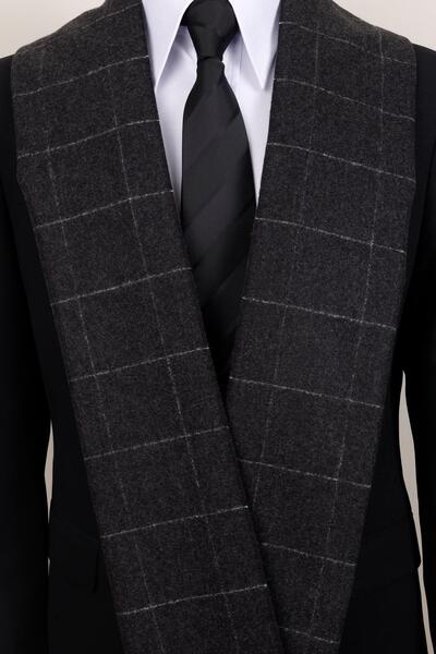 Esgue Eșarfă în carouri antracit din lână - eșarfă minimalistă și masculină p...