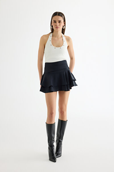 Quzu Layered Flared Mini Skirt Black