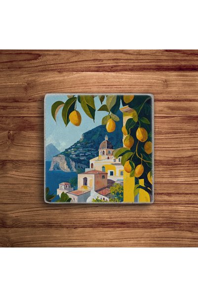 Baumatelier Italy Positano Tile Lemon Garden Themed Natural Stone Travertine Coasters Stone Coasters Set of 4