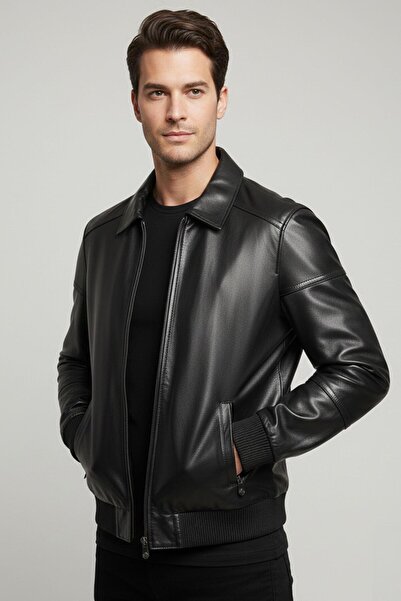 Deriderim Siyah Lucas Fermuarlı Erkek Hakiki Deri Bomber Ceket