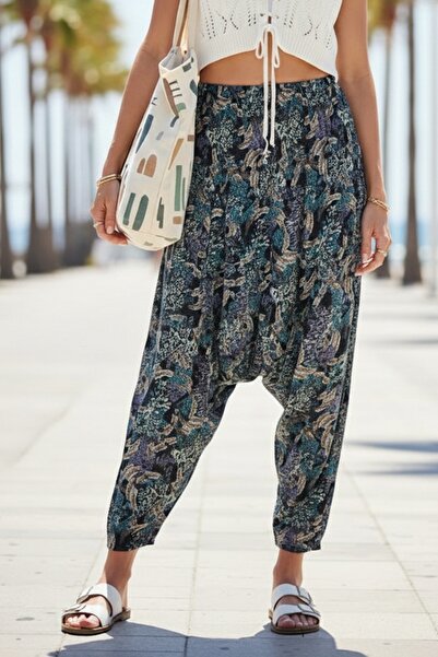 Chiccy Turquoise Patterned All-Over Printed Elastic Waist Baggy Leg Casual Wo...