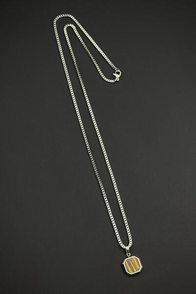 FRNCH 316L Çelik ve Kaplan Gözü Doğal Taşlı Gümüş-Kahverengi Erkek Kolye FRJ3...