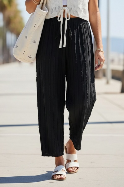 Chiccy Black Elastic Waist Wide Leg Casual Openwork Knitted Baggy Trousers 10...