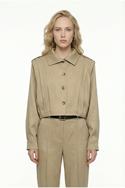 Quzu Apoletli Pile Detailed Short Jacket Beige