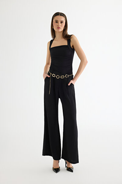 Quzu Chain Belted Wide Leg Satin Trousers Black