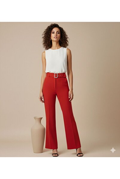 versay collection Kadın Kırmızı Yüksek Bel Kemerli Düz Paça Pantolon