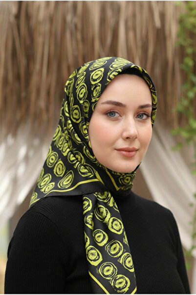 Silk Home Eșarfă de mătase Tivil IST 1000- 5 Negru - Verde Ulei Model Geometric