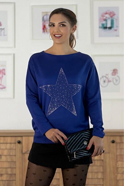 Nevin Kaya Moda Indigo Blue Star Stone Mercerized Blouse