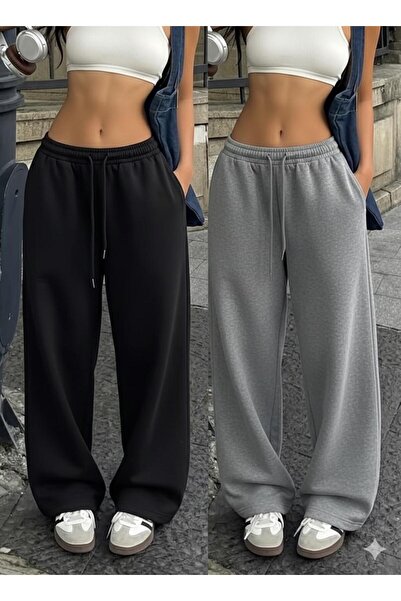 ZEALİS 2 ADET SİYAH GRİ RAHAT KALIP DÜZ PAÇA EŞOFMAN ALTI