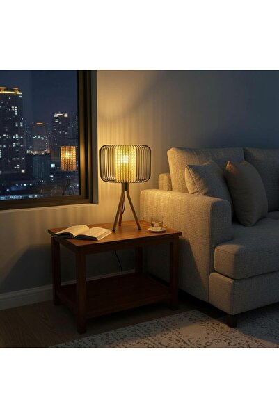 Generic Table Lamp with Tripod Stand, Black mild steel Wire Cage, Natural Rattan Weave, Gold Base, Modern De