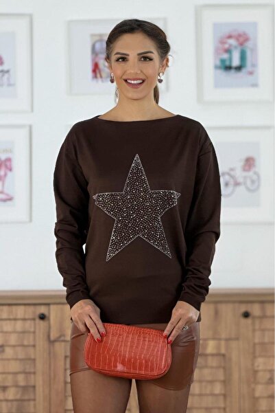 Nevin Kaya Moda Brown Star Stone Mercerized Blouse