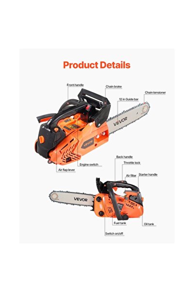 VEVOR Drijbă / Motoferăstrău Benzină 25cc 12″ 1.02 HP pentru Lemn, Grădină, Curte