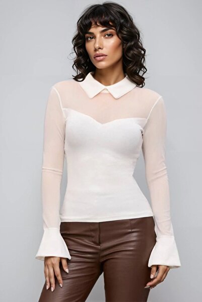 Trend Alaçatı Stili Women's Ecru Tulle Blouse with Collar and Cuff Detail Pan...