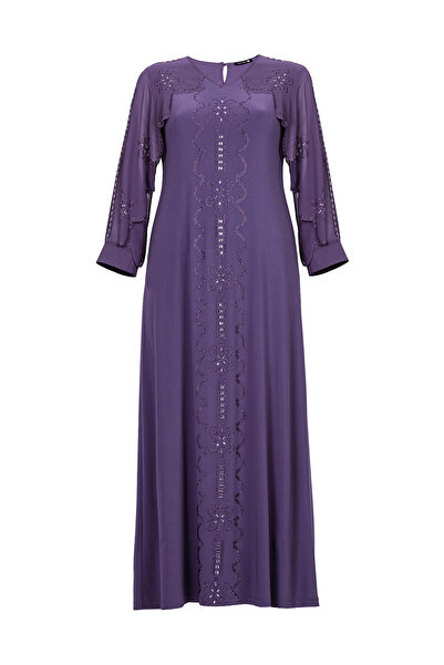 MİYORO Large Size Women's Evening Dress with Laser Cut Stone Detail on the Sl...