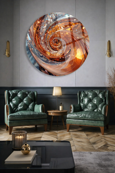 TAULART Abstract Spiral Unbreakable Glass Painting in Gold and Amber Tones Ul...