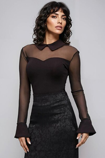 Trend Alaçatı Stili Women's Black Collar and Cuff Detailed Tulle Paneled Blou...