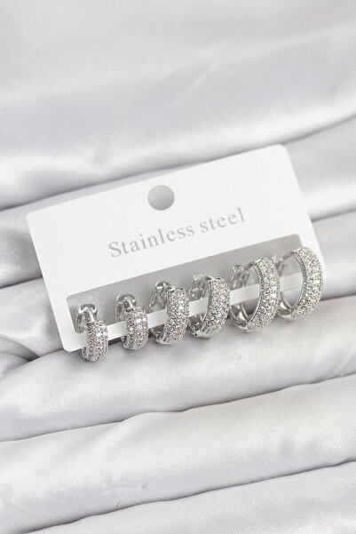 callerrons accessories Steel Silver Color Zircon Stone Hoop Earrings Set - Eb...