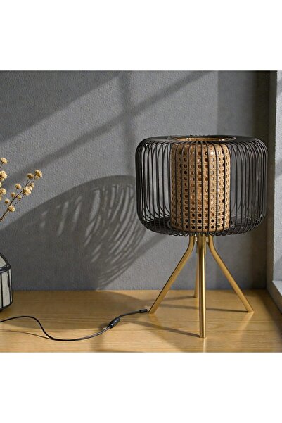 Generic Table Lamp with Tripod Stand, Black mild steel Wire Cage, Natural Rattan Weave, Gold Base, Modern De