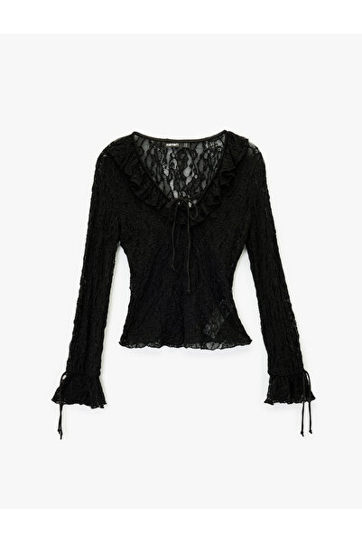 Koton Slim Fit Uzun Kollu Fırfır Detaylı Fiyonklu V Yaka Dantelli Bluz