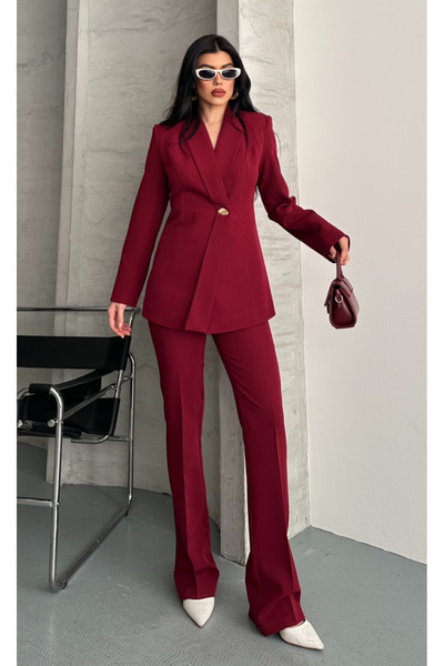 pembekurdelem Women's Designer Jacket and Pants Set Burgundy