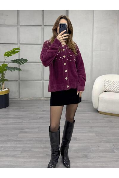 Coral كارديجان مخملي مزين باللؤلؤ والأحجار 7584 أحمر داكن