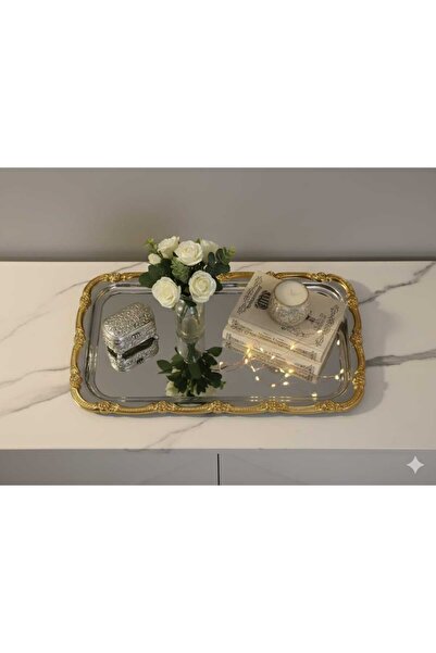 defnem home 1 Adet Gümüş Gold Detaylı Sunum Tepsisi, Çay ve Kahve Tepsisi