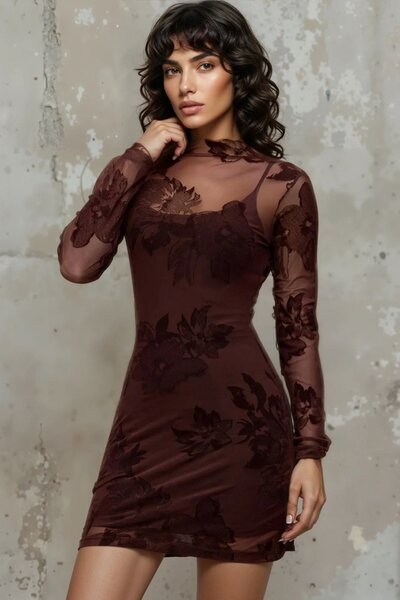 Trend Alaçatı Stili Women's Brown Mock Neck Knitted Inside Strap and Tulle Ou...