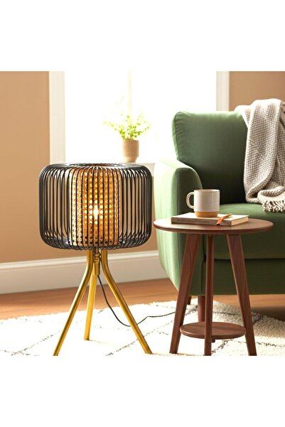 Generic Table Lamp with Tripod Stand, Black mild steel Wire Cage, Natural Rat...