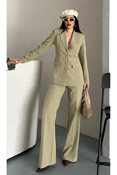 pembekurdelem Women's Fabric Button Detail Jacket Pants Set Khaki