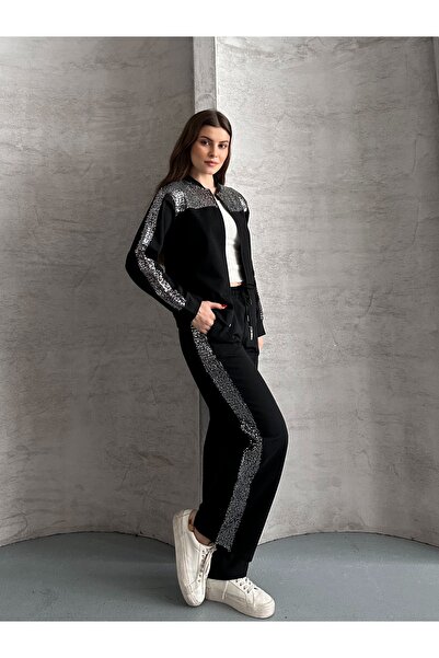 eyyebelle Women's Long Sleeve Zipper Sequin Two Thread Bottom Top Set