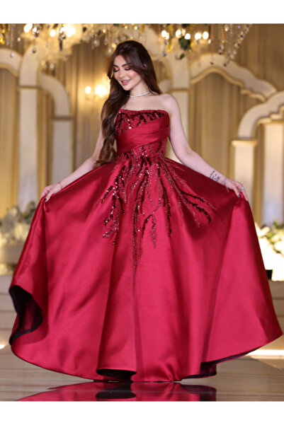 TREN Red Mikado Evening Gown Off Shoulder Floral Embroidered Maxi Dress Pleat...