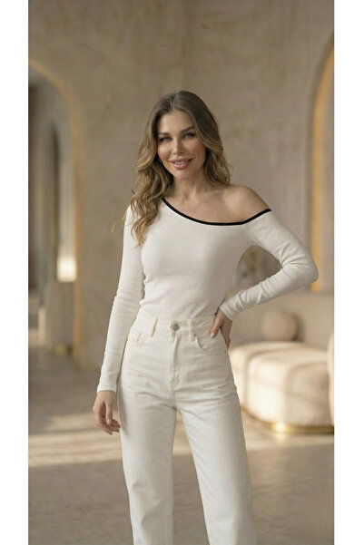 Moda Hour Women's Piped Boat Neck Long Sleeve Combed Cotton Blouse