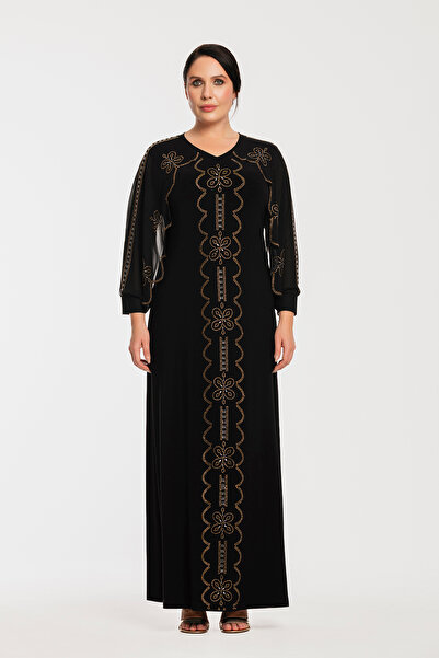 MİYORO Large Size Women's Evening Dress with Laser Cut Stone Detail on the Sl...