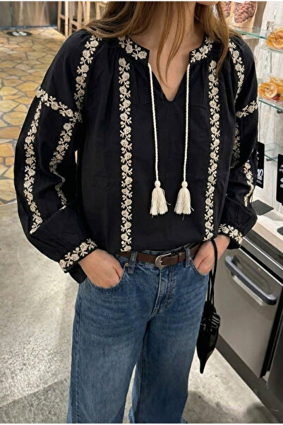 FEMELLE Women's Black Oversized Balloon Sleeve Embroidered Cotton Blouse with...