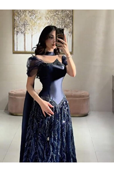 TREN Navy Blue Sequin Evening Gown with Puff Sleeves | Halter Neck Formal Dre...