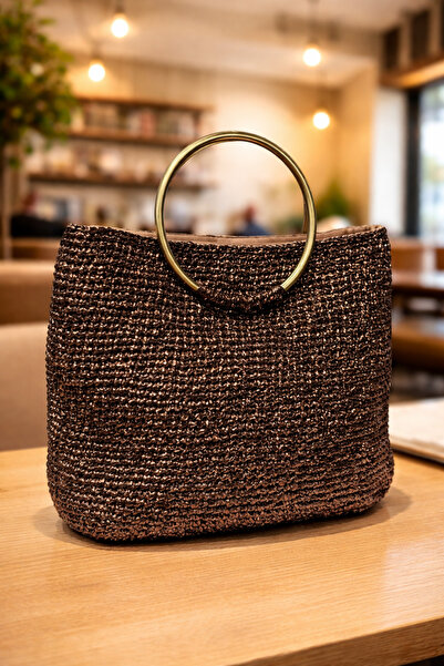 HEDCOLLECTION Hasır Örgü Yuvarlak Saplı Kadın El Çantası – Kahverengi