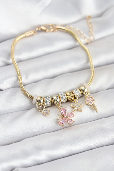 callerrons accessories Brass Gold Color Pink Butterfly Charm Women's Bracelet...