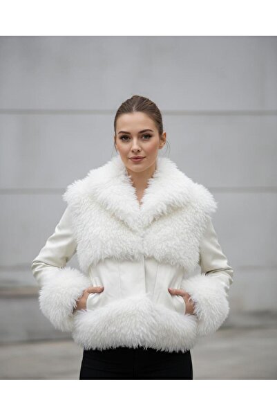Rabiossa Women's Premium White Leather and Fur Coat