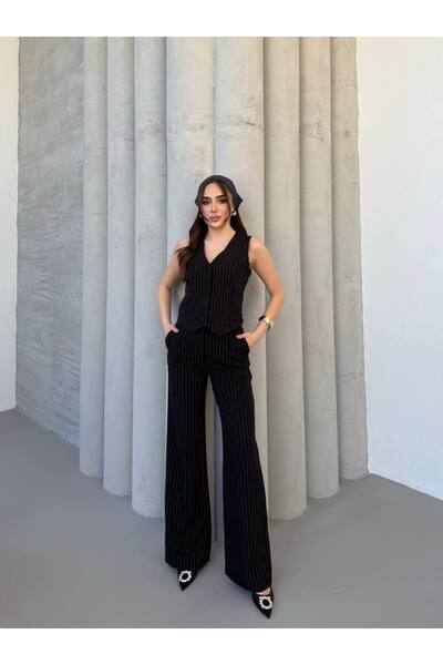 MADAME MELEK Women's Thin Striped Vest and High Waist Wide Leg Pants Set