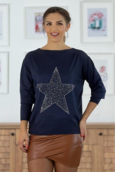 Nevin Kaya Moda Navy Blue Color Star Stone Mercerized Blouse